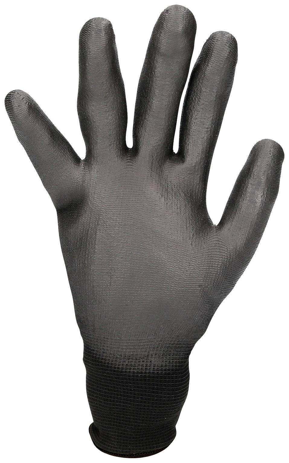 Gant de travail noir, main gauche tendue. Fabriqué à partir d'un matériau flexible, adapté pour la protection et la préhension.