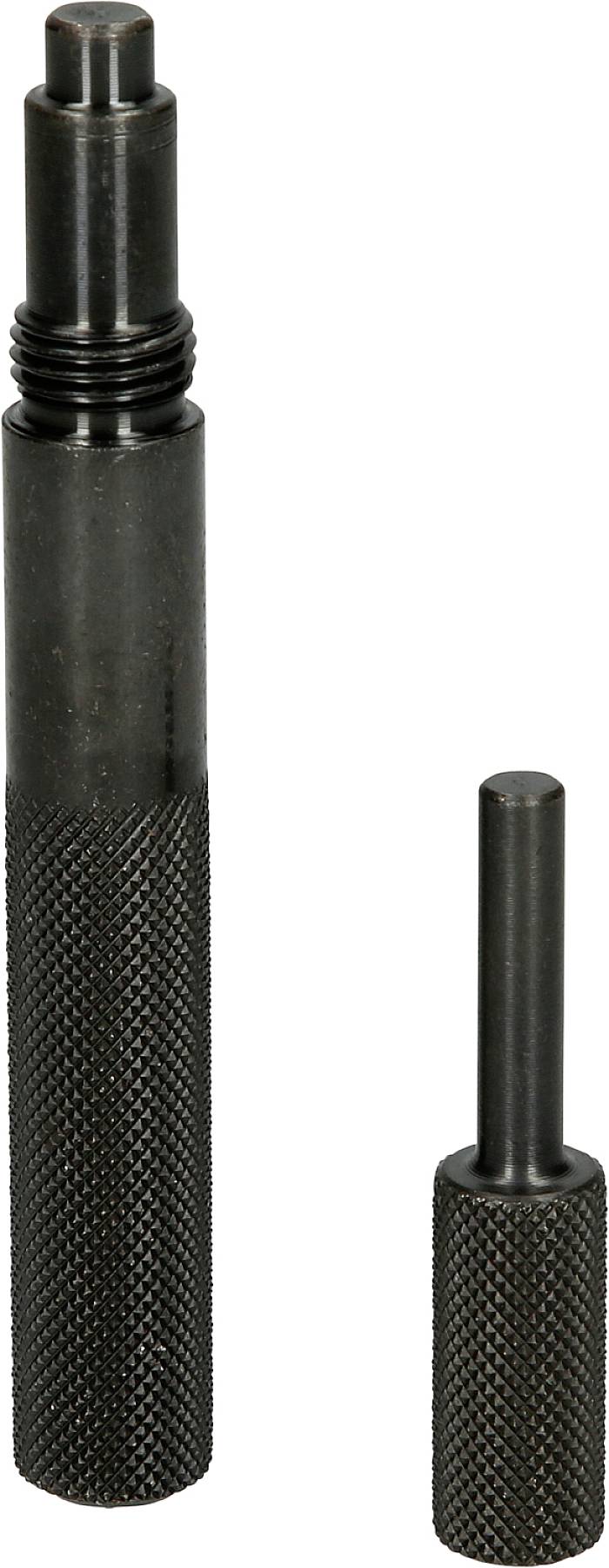 Deux goupilles métalliques noires de tailles différentes, debout verticalement. La goupille la plus grande présente une surface striée pour une meilleure prise en main.