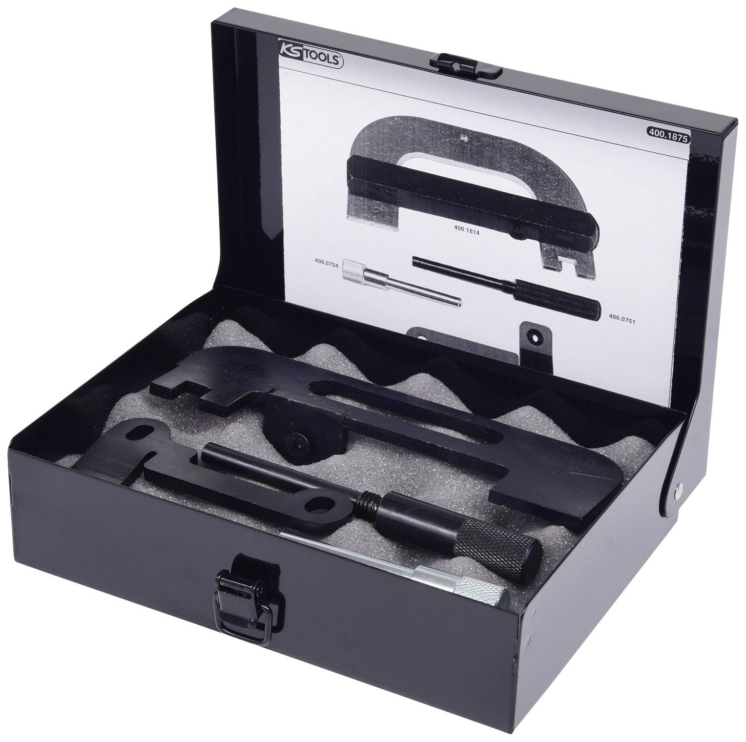 Boîte à outils avec outil de rivetage de chaîne. Contient divers outils et un manuel dans le couvercle. Utilisé pour les chaînes de motocyclettes.