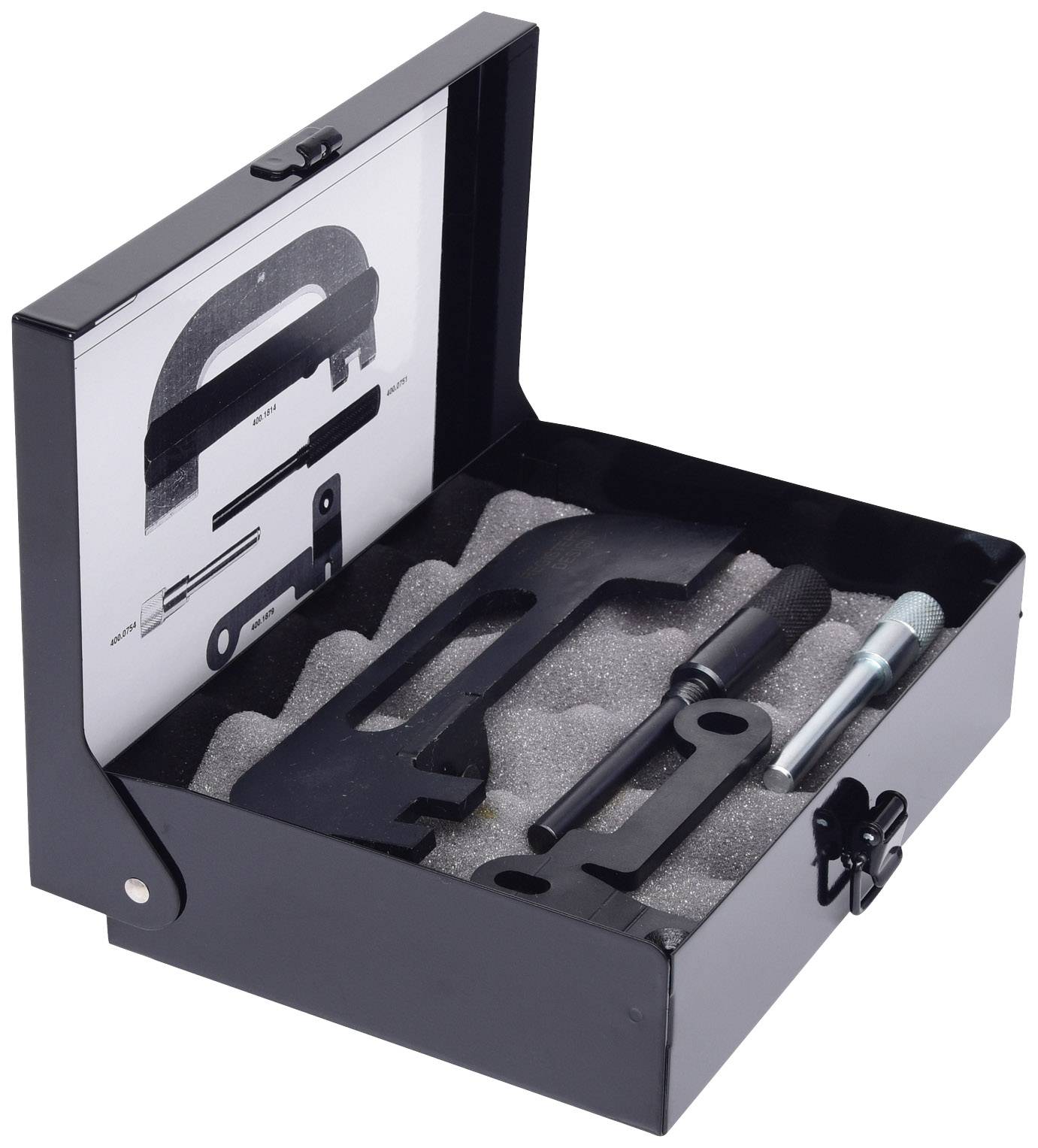 Ensemble de boîtes à outils en métal noir sur un tapis de mousse. Le couvercle contient un mode d'emploi pour l'utilisation des outils.