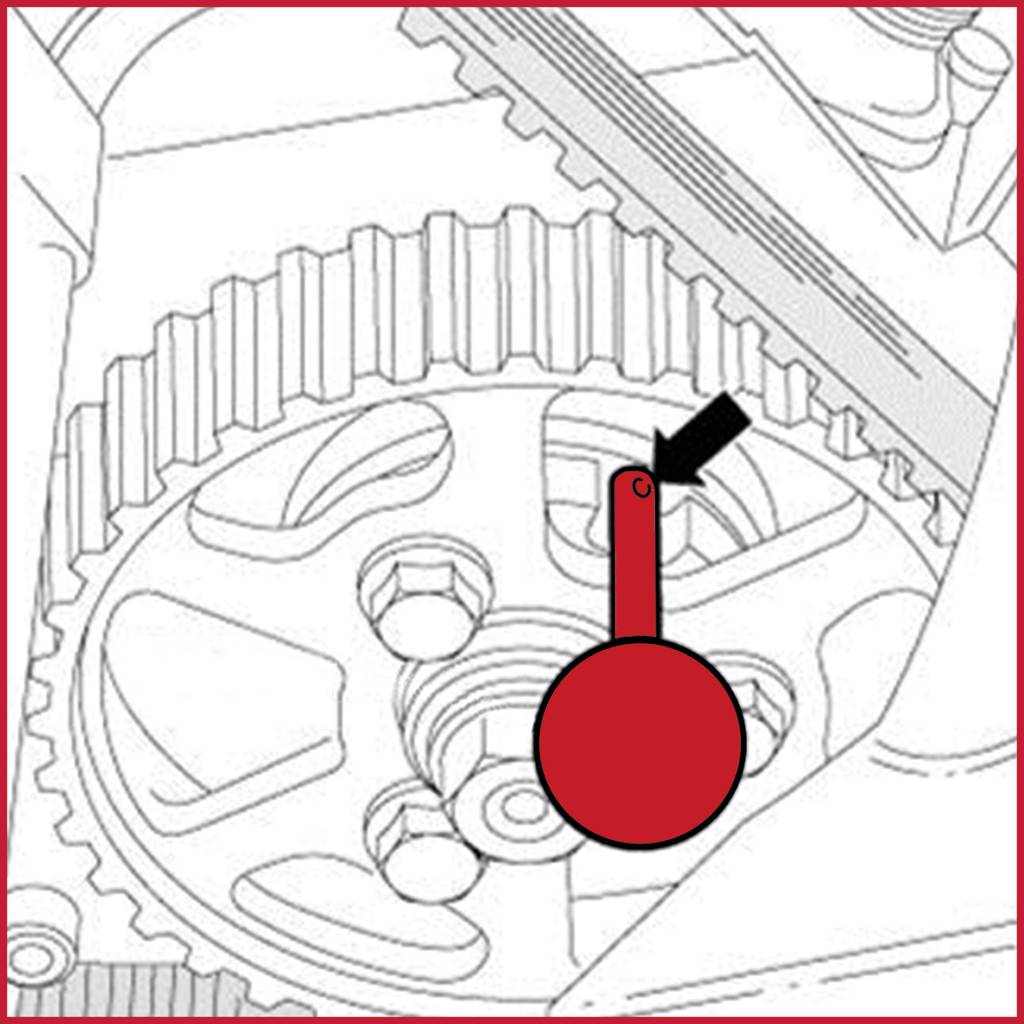Dessin technique d'un engrenage, recouvert d'un grand point rouge et d'une flèche noire mettant en évidence un endroit spécifique.