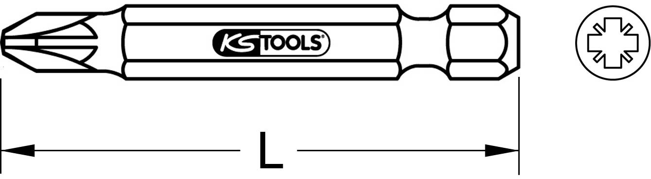Dessin d'un embout de tournevis de 'KS TOOLS' avec un profil en croix. La longueur 'L' est indiquée par des flèches.