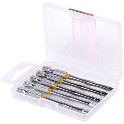Un boîtier en plastique transparent contenant six embouts de tournevis métalliques allongés avec des marquages orange.