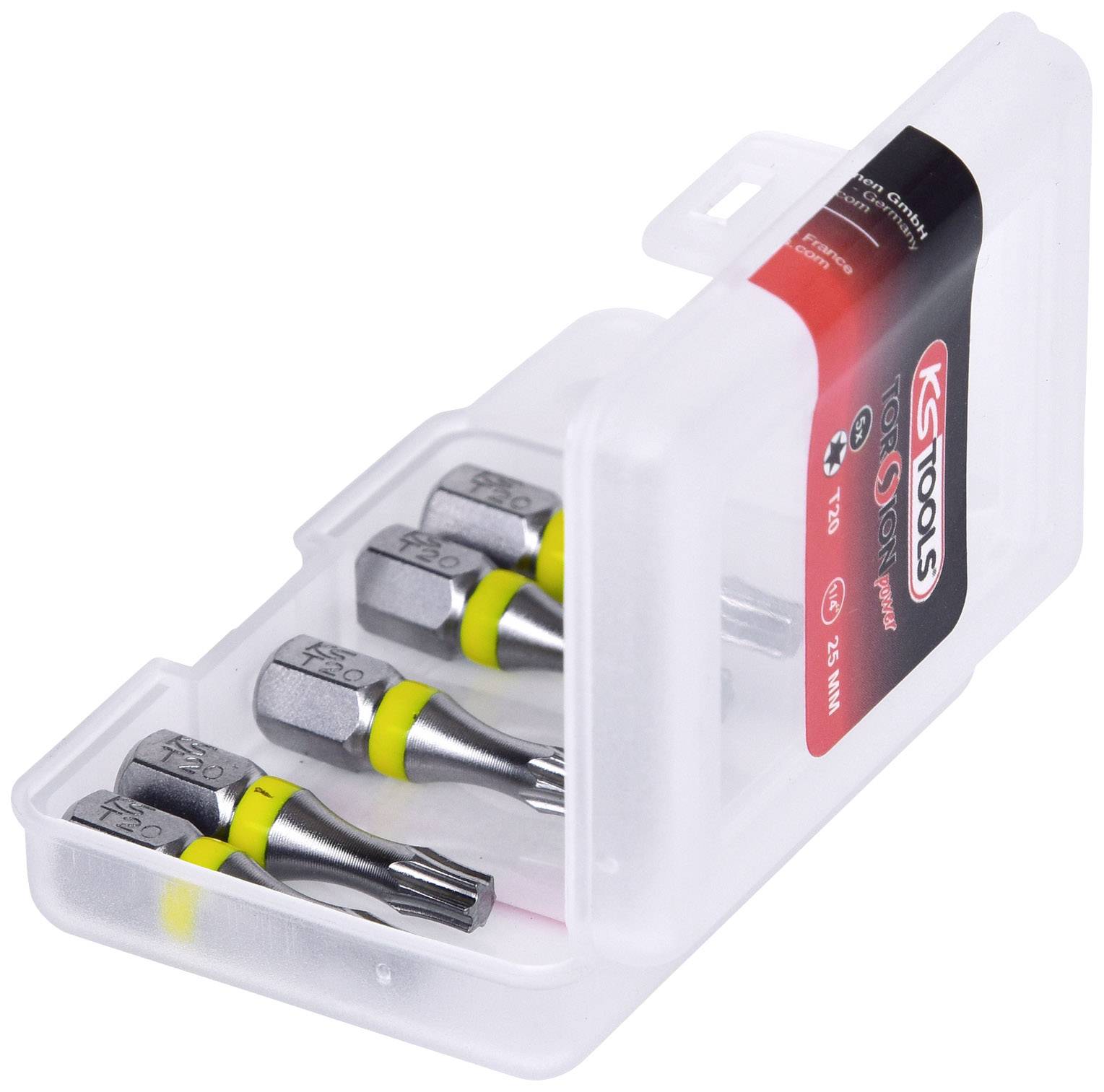 Ensemble de quatre embouts Torx dans un boîtier en plastique transparent, adapté aux travaux mécaniques de précision.