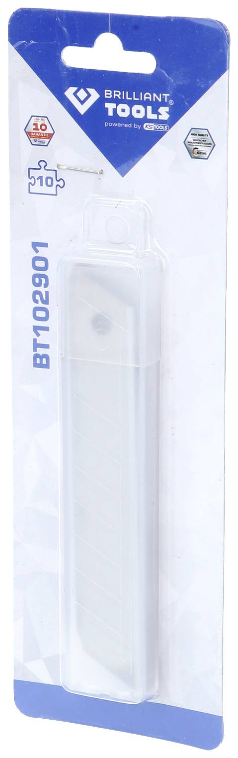 Emballage d'un cutter 'Brilliant Tools Pro', modèle BT120501, avec manche en plastique. Adapté pour couper différents matériaux.