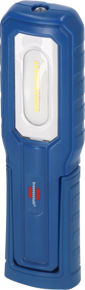 Lampe de poche bleue debout avec une bande lumineuse LED intégrée au centre.