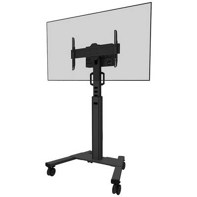 Un support de téléviseur noir à roulettes présente un grand écran vide en orientation paysage. Le support est réglable en hauteur.