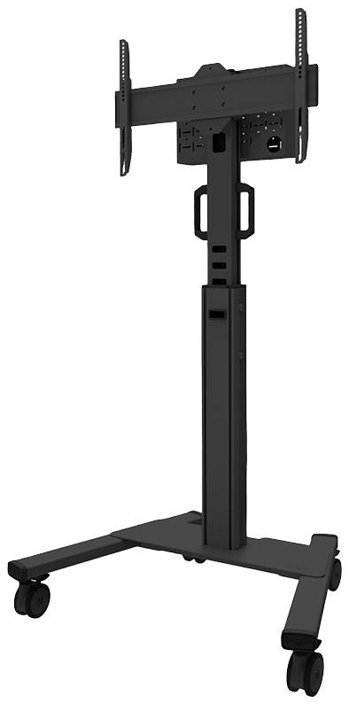 Support TV mobile sur roulettes avec support réglable et poignées de transport. Idéal pour les présentations ou les bureaux.