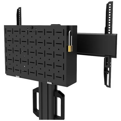 Support mural en métal noir avec support d'écran rectangulaire, verrou de sécurité, conçu pour une fixation murale, avec bras réglables.