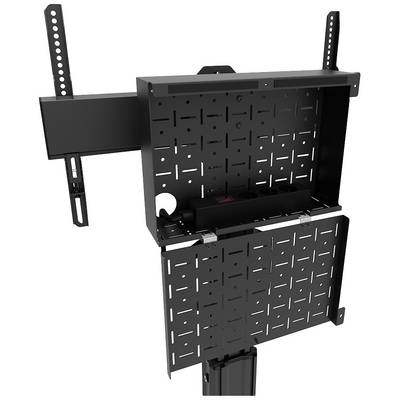 Boîte métallique noire avec des côtés perforés, ouverte et fixée sur un support. Convient au rangement d'appareils techniques.