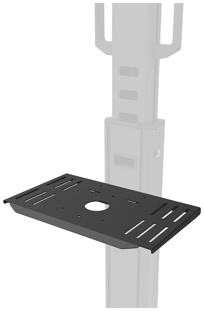 Étagère noire fixée sur un support gris. Design ajouré avec des surélévations latérales, adaptée au rangement ou à la fixation.