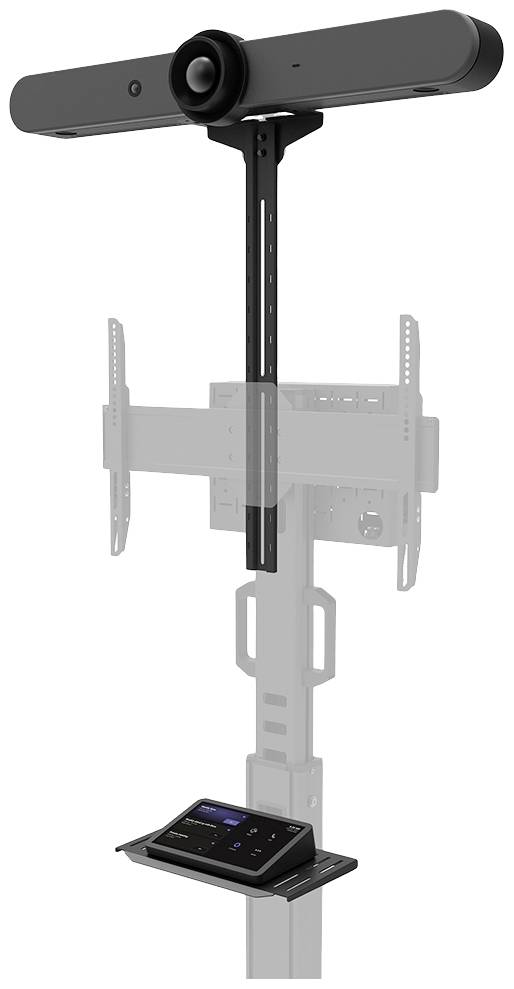 Unité caméra et microphone en haut d'un support de télévision, avec un panneau de commande pour visioconférence en dessous.