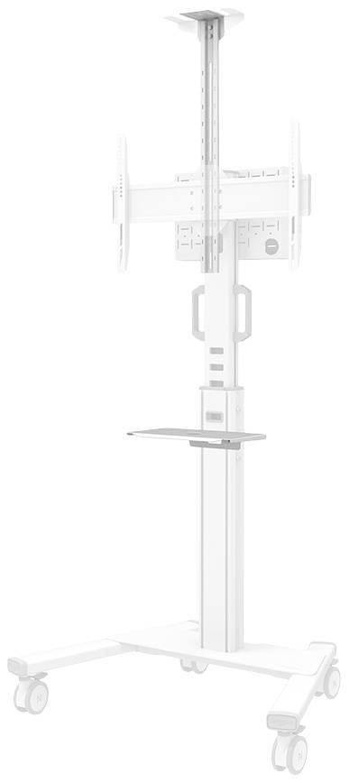 Support mobile réglable en hauteur avec roulettes, adapté aux écrans ou téléviseurs, avec gestion intégrée des câbles.