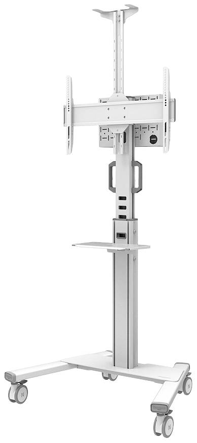 Un support mobile pour téléviseur avec support réglable, compartiment de rangement intégré et quatre roulettes pour un déplacement facile.