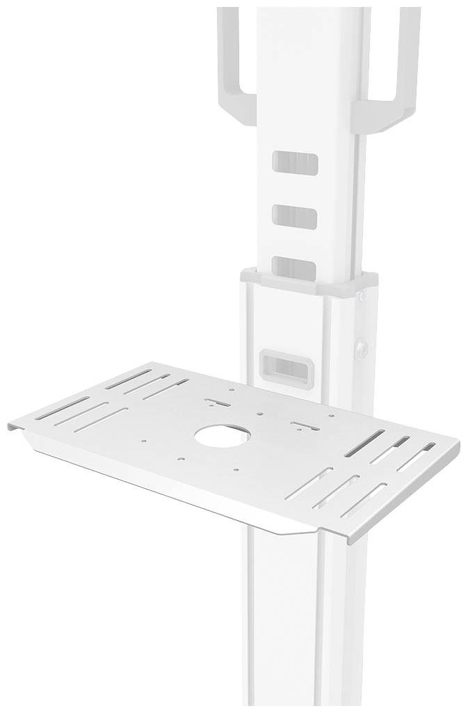 Support ou étagère blanche, montée sur un support vertical, avec plusieurs fentes et un trou rond au centre.