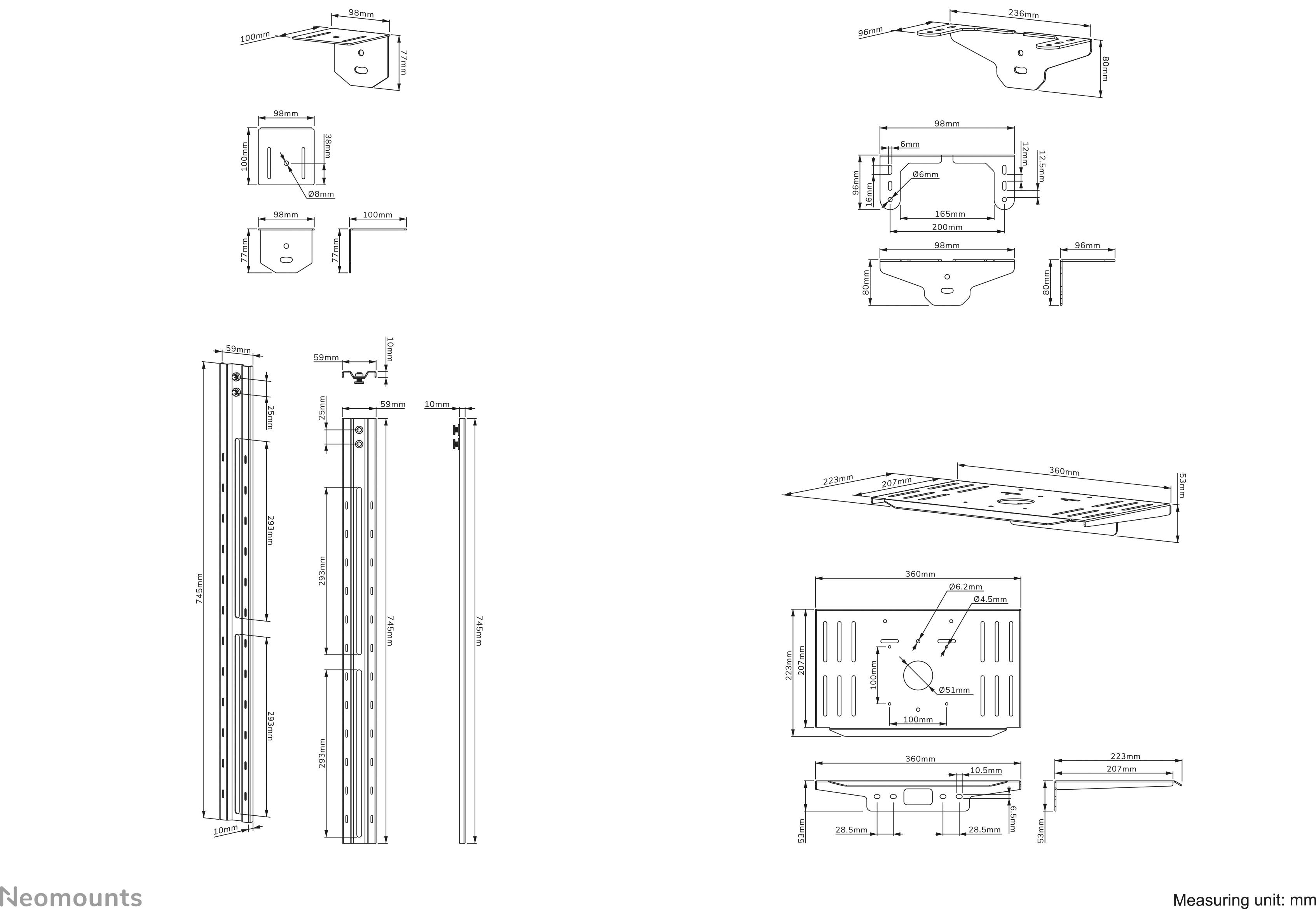 Dessin technique d'un support de moniteur avec des dimensions en millimètres. Comprend des vues de la plaque de montage, du bras articulé et des supports.