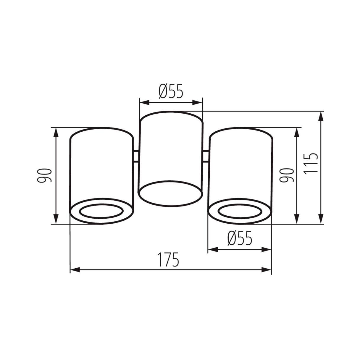 Dessin technique d'un luminaire plafonnier cylindrique triple avec dimensions : diamètre 55 mm, hauteur 90 mm, longueur totale 175 mm.