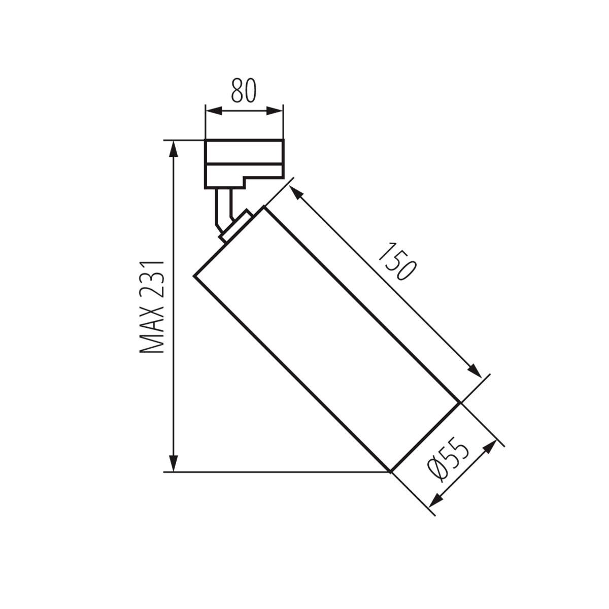 Dessin technique d'un cylindre : Longueur 150 mm, diamètre Ø55 mm, hauteur maximale 231 mm, base 80 mm.