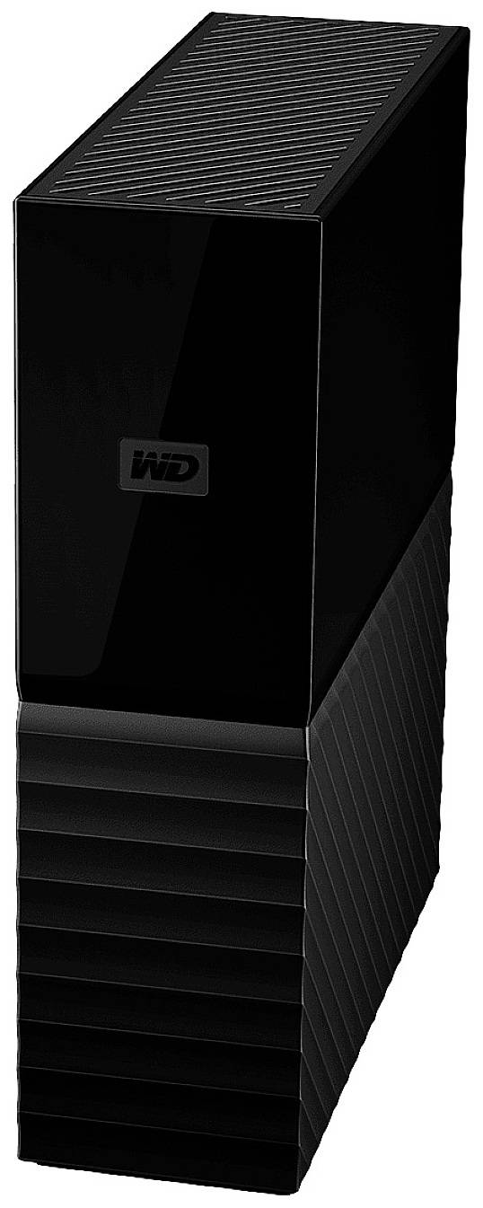 Disque dur externe dans un boîtier noir, vertical, avec des rainures diagonales sur la moitié inférieure.