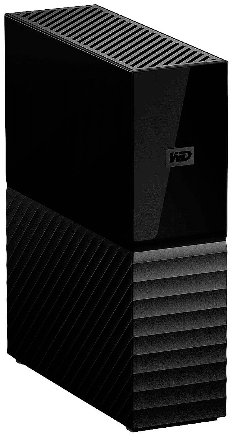 Disque dur externe au design moderne. Boîtier noir à surface brillante et texturée, adapté au stockage de données.