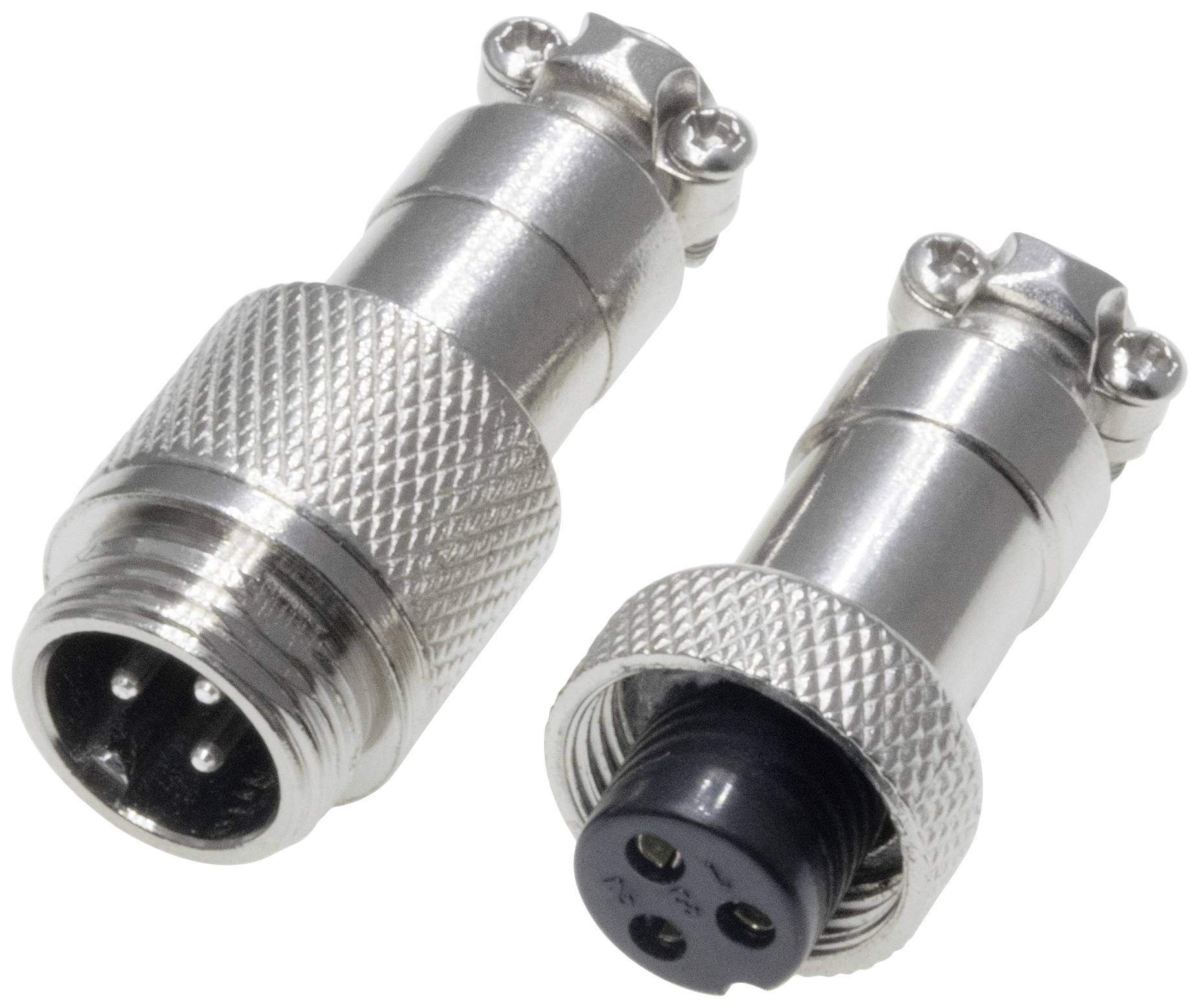 Deux fiches métalliques argentées, l'une avec trois broches, l'autre avec trois socles. Les deux présentent des surfaces striées pour une meilleure prise en main.