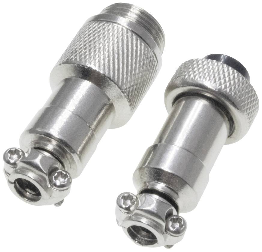 Deux fiches métalliques argentées à surface striée et munies de vis à la base. Elles servent à connecter des appareils électroniques.