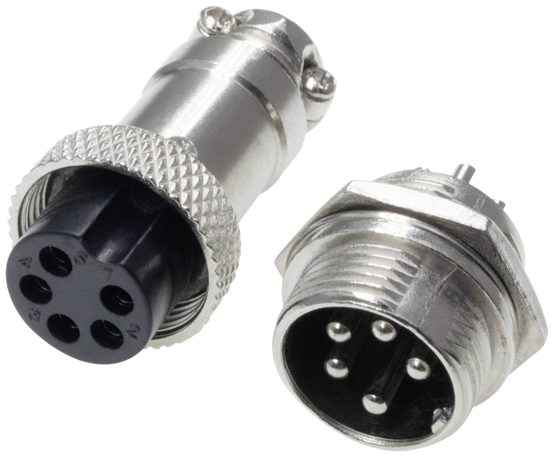 Paire de connecteurs : À gauche, un connecteur circulaire femelle à quatre broches, à droite, le connecteur mâle correspondant.