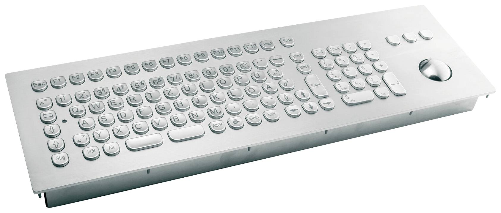 Un clavier compact argenté avec des touches rondes et un trackball intégré sur le côté droit. Adapté aux applications industrielles.