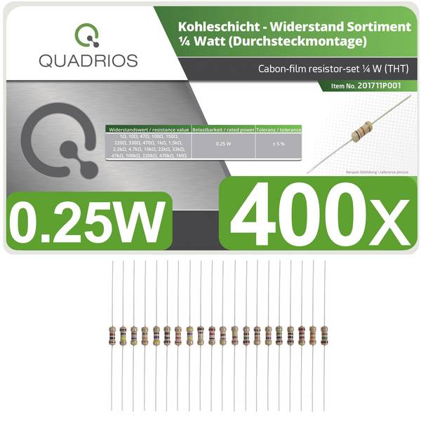 Quadrios 201711P001 201711P001 Jeu de résistances à couche carbone sortie axiale 0.25 W 5 % 400 pc(s)