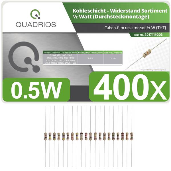 Quadrios 201711P003 201711P003 Jeu de résistances à couche carbone sortie axiale 0.5 W 5 % 400 pc(s)