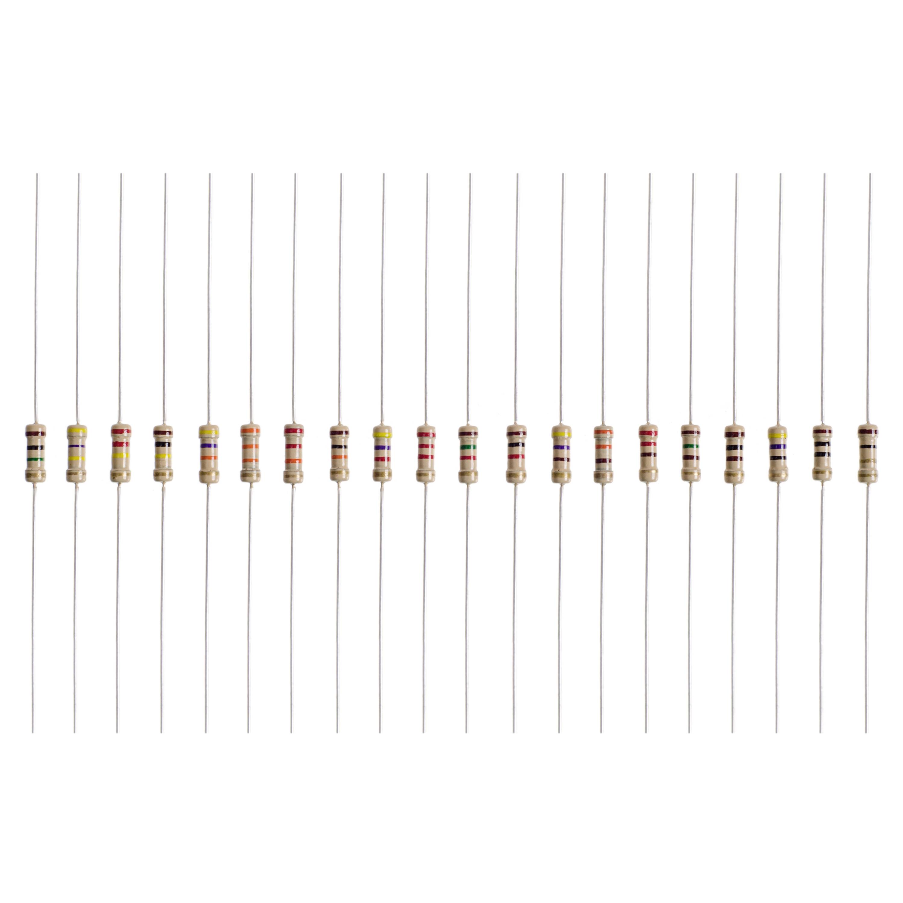 Série de résistances avec différents codages couleur indiquant des valeurs électriques. Principalement utilisée en électrotechnique.