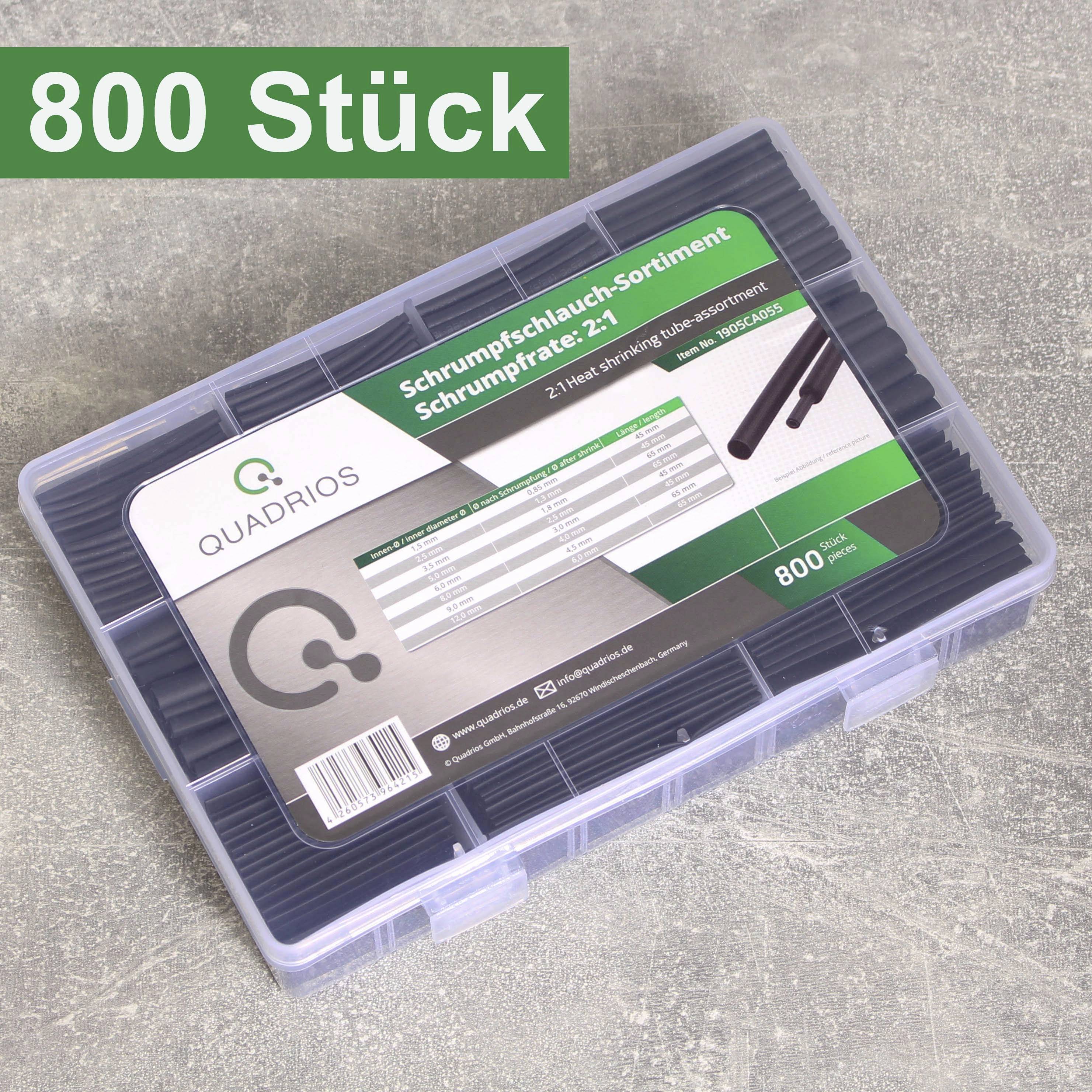 Assortiment de gaines thermorétractables, 800 pièces, dans un boîtier en plastique transparent avec étiquette verte.