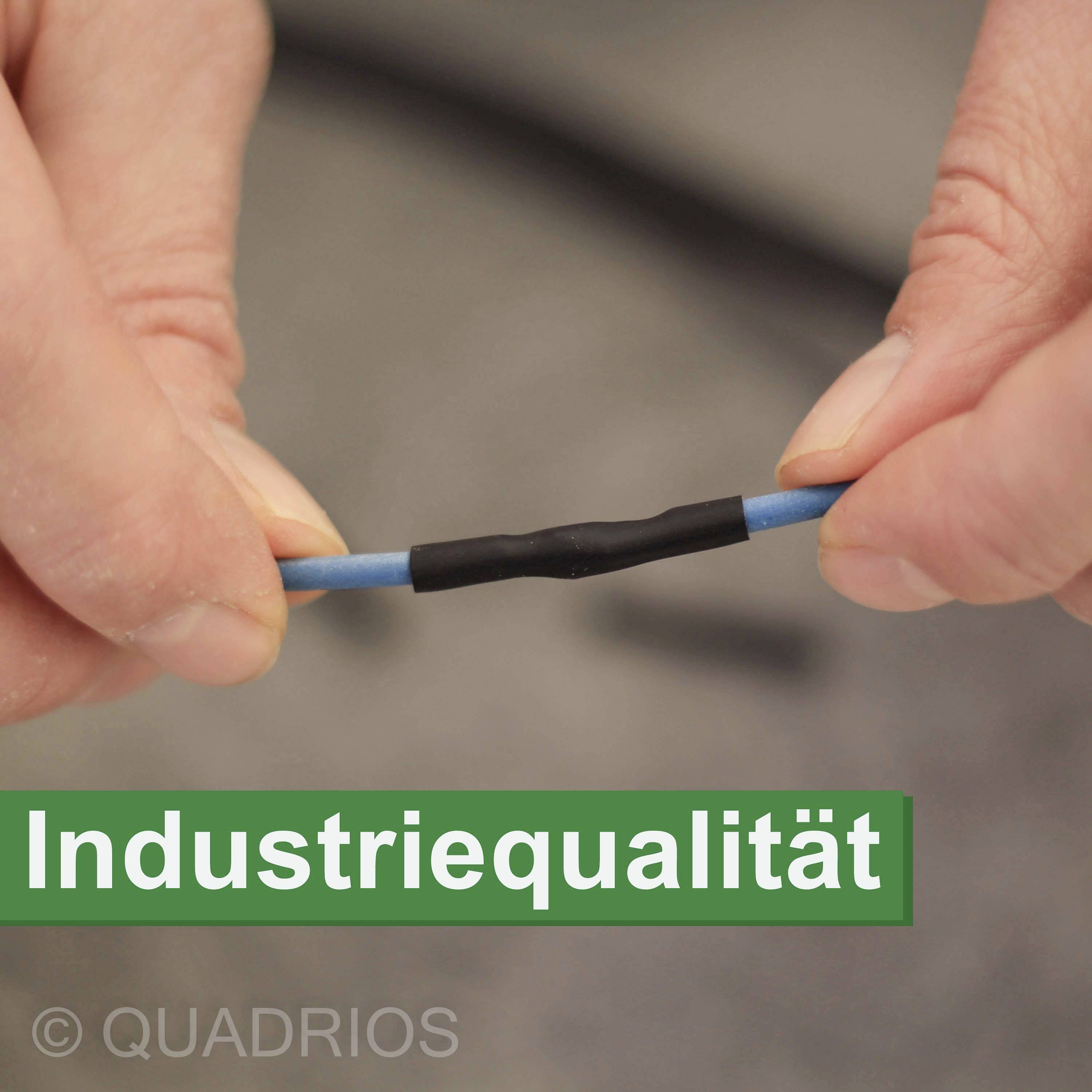 Une personne tient un morceau de câble recouvert de gaine thermorétractable noire. En dessous est inscrit 'Qualité industrielle'.