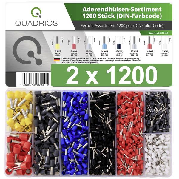 Quadrios 22C470 Assortiment d'embouts simples 0.5 mm², 0.75 mm², 1 mm², 1.5 mm², 2.5 mm², 4 mm², 6 mm², 10 mm² partiellement isolé blanc, gris, rouge, noir, bleu, jaune 2400 pc(s)