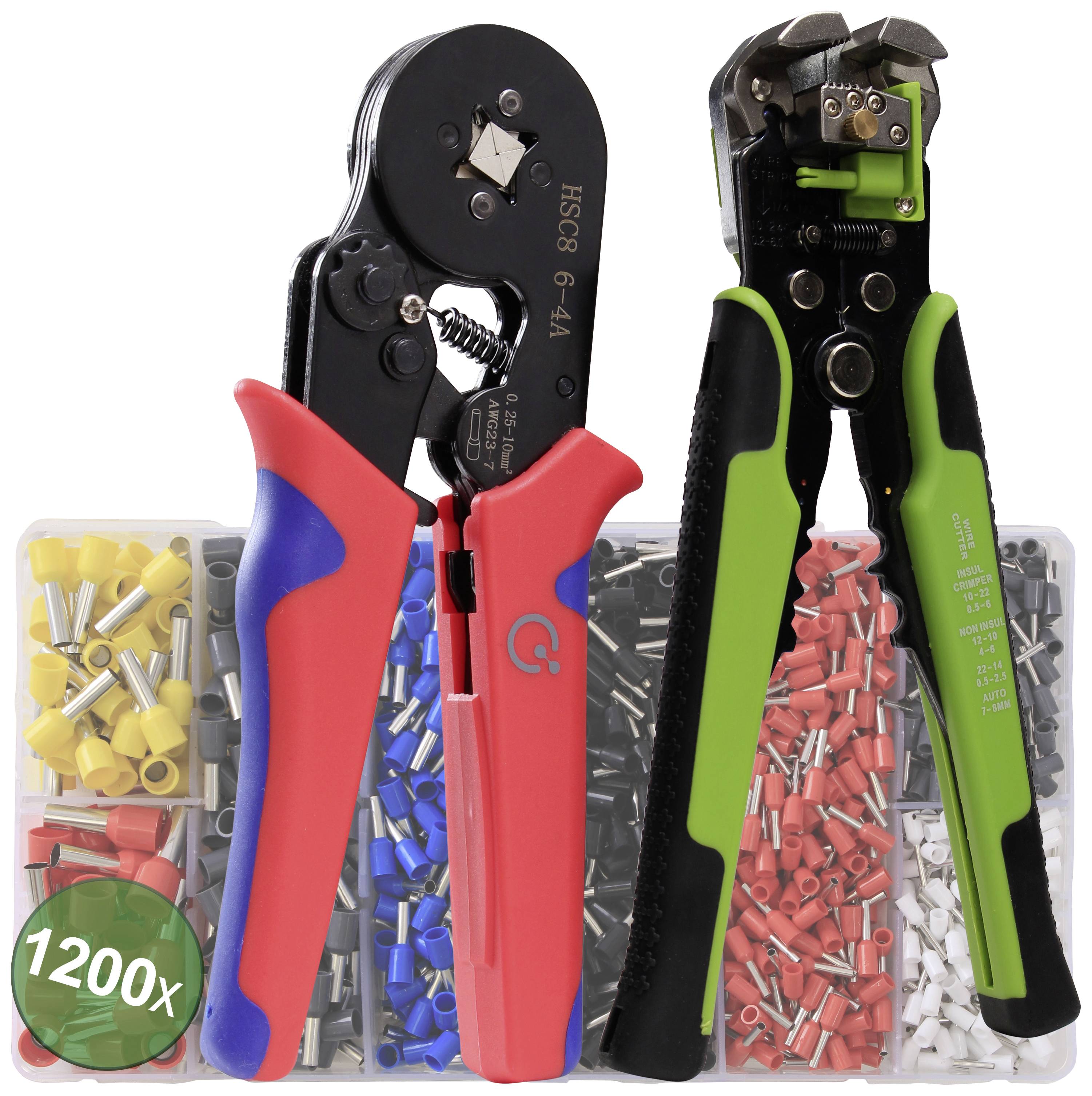 Outils de sertissage de câbles en rouge et vert devant un ensemble de embouts de câblage colorés.