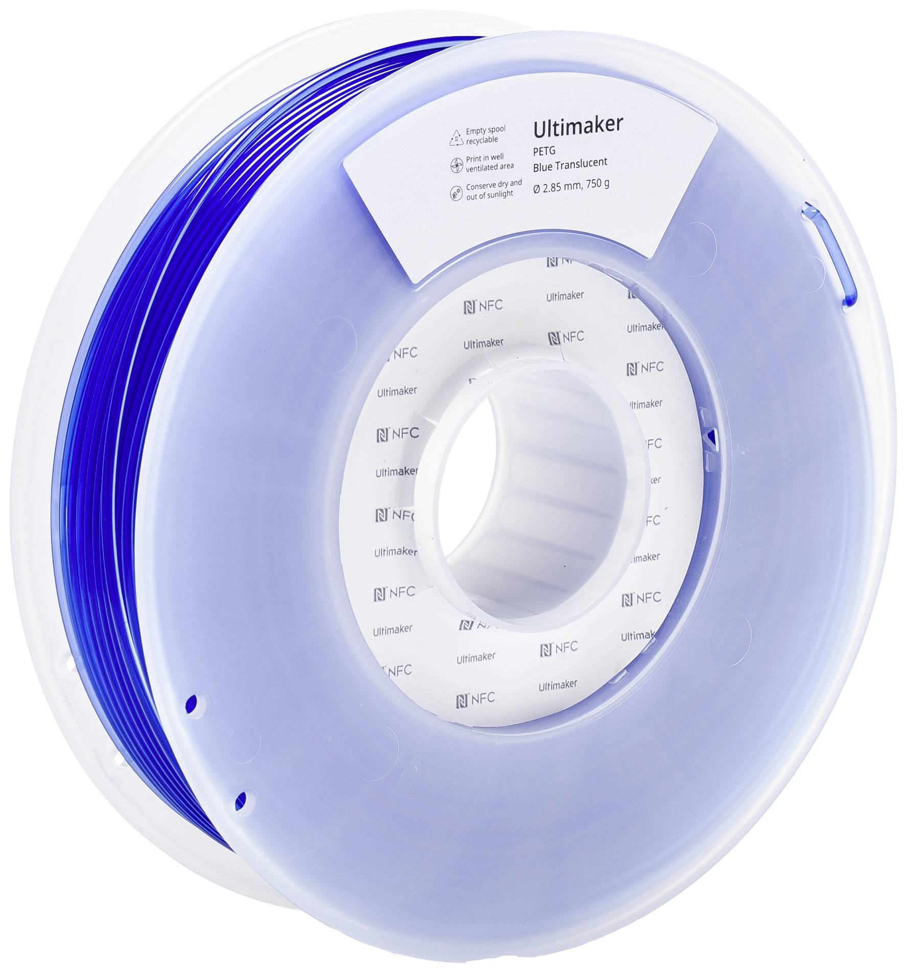 Bobine de plastique transparent avec du filament bleu de l'imprimante 3D de la marque Ultimaker, l'étiquette contient : 'PETG', symbole NFC et spécifications.