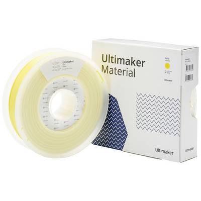 Emballage 'Ultimaker Material' avec un filament jaune sur une bobine, à côté d'une boîte blanche avec un motif bleu et le logo de l'entreprise.