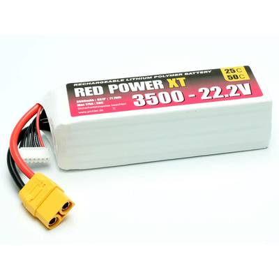 Batterie Lithium-Polymère avec l'inscription 'Reid Power XT 3500 - 22,2V'. Câble de connexion jaune. 25C et 50C, emballage blanc.
