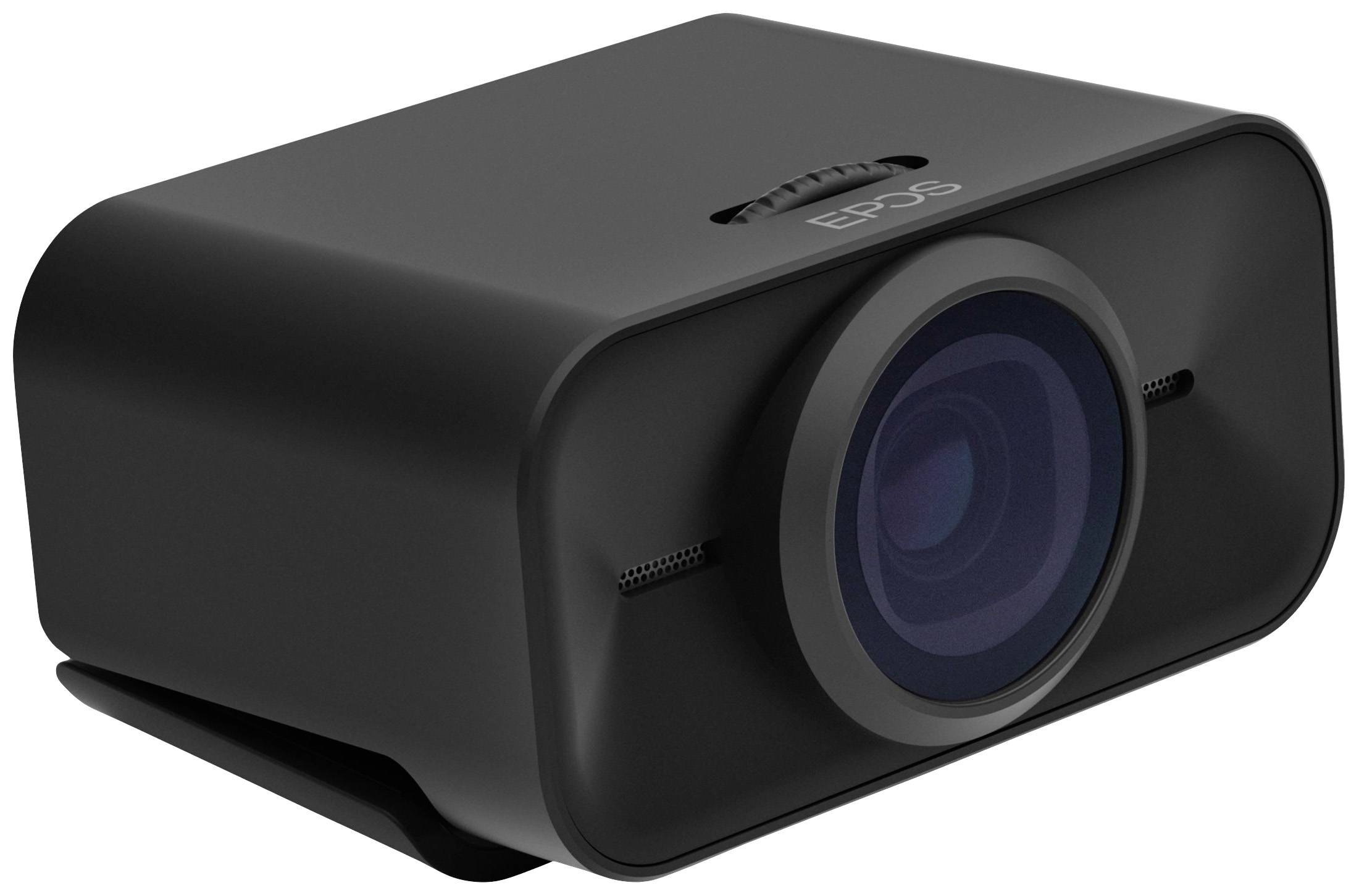 Un appareil photo noir et rectangulaire avec un grand objectif, conçu pour des enregistrements vidéo de haute qualité. Le nom de marque 'EPOS' est visible en haut.