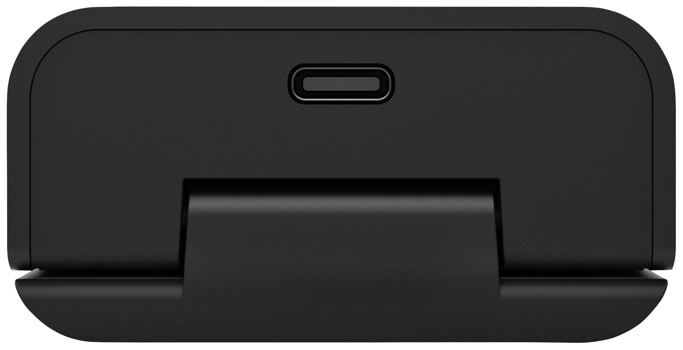 Station de charge électronique noire avec port USB-C sur le dessus.