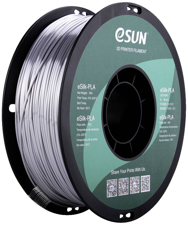 Un rouleau de filament eSun pour imprimante 3D, eSilk-PLA, 1,75 mm, 1 kg, avec une étiquette verte. Les informations utilisateur et les codes QR sont visibles.