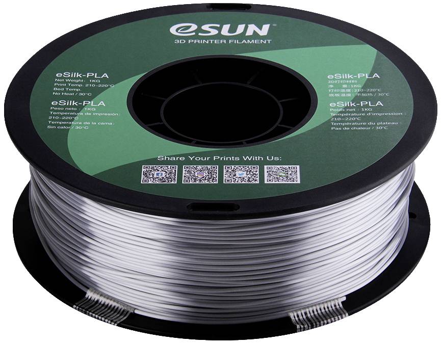 Un rouleau de filament pour imprimante 3D de eSun, type eSilk-PLA, de couleur argent. Le texte sur le rouleau affiche des informations sur le produit et des liens vers les réseaux sociaux.
