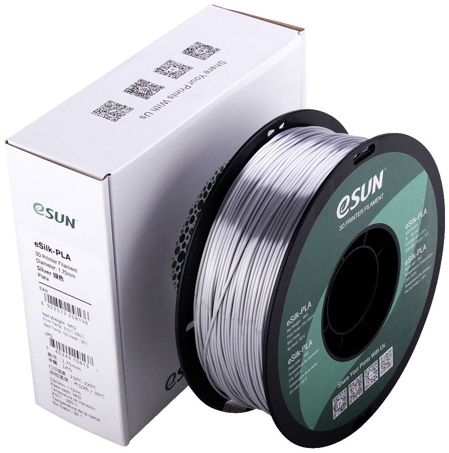 Bobine de filament d'imprimante 3D argenté, à côté de son emballage portant le logo eSUN.