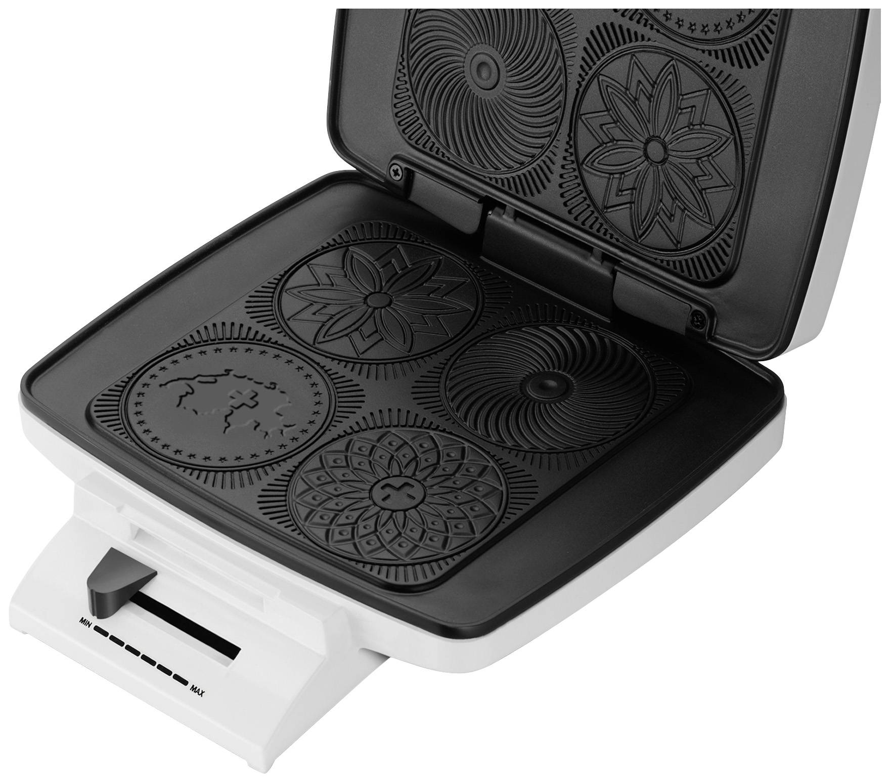 Appareil électrique pour la préparation de gaufres avec quatre moules ronds et motifs sur la surface de chauffe. Ouvert, boîtier blanc.