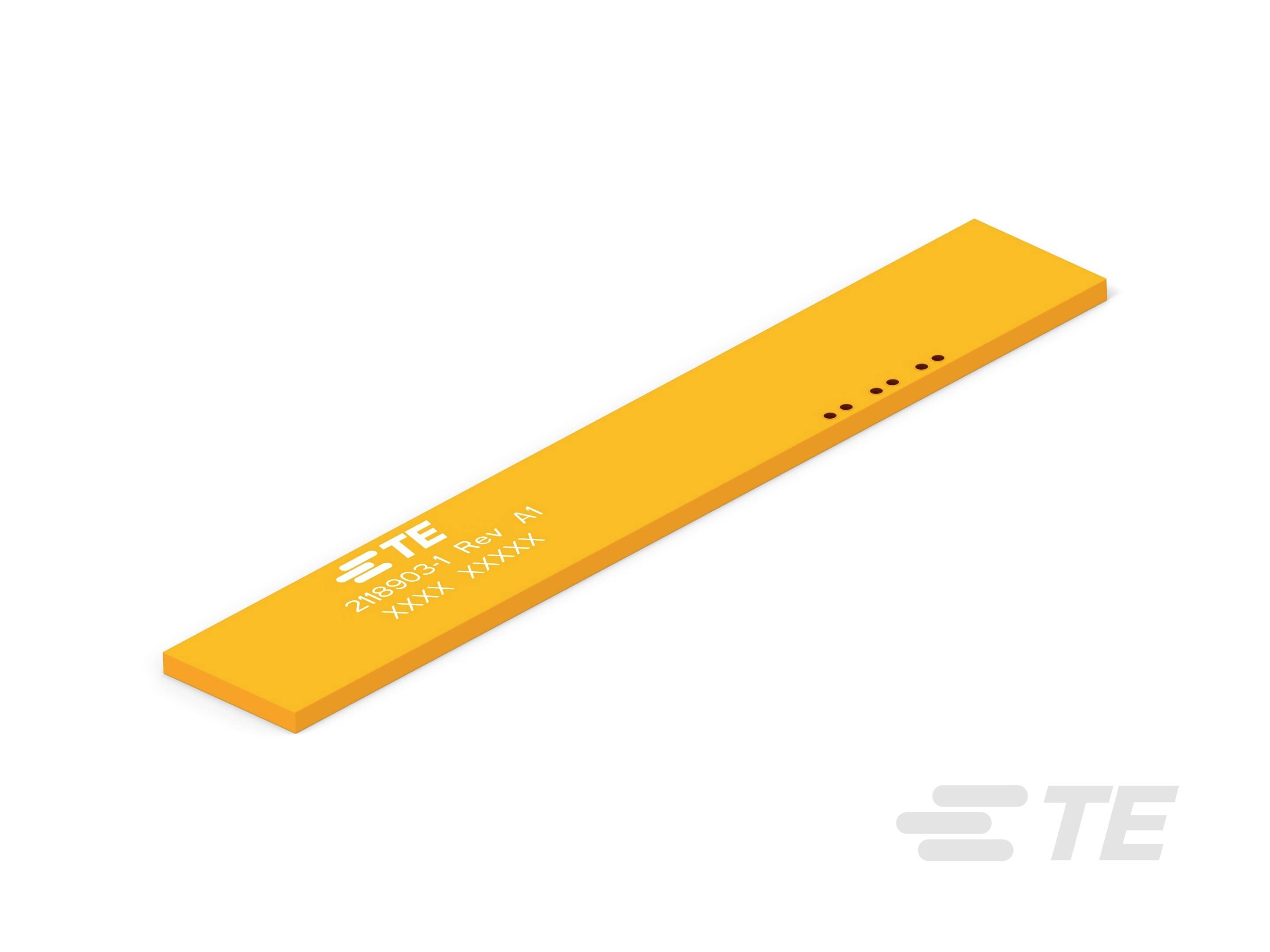 Oranges, composant rectangulaire avec de petits trous et un logo 'TE'. Il semble s'agir d'un composant électronique ou d'un capteur.