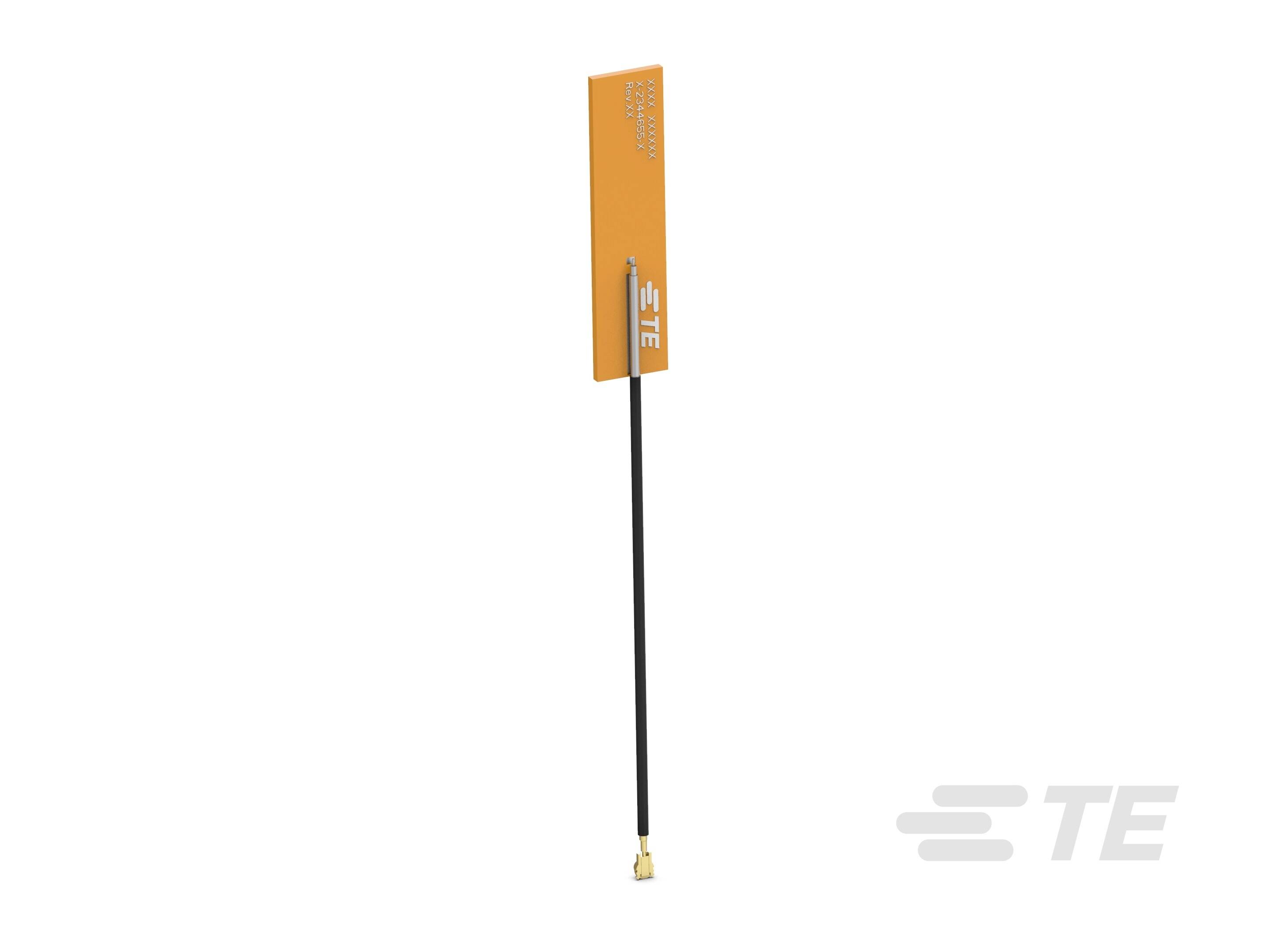 Antenne PCB orange avec câble noir et connecteur doré. Un logo avec les lettres 'TE' est visible en bas à droite.