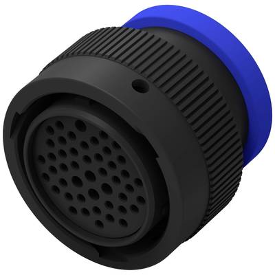 Un connecteur circulaire cannelé avec un capuchon bleu et plusieurs emplacements ronds, utilisé pour les connexions électriques.