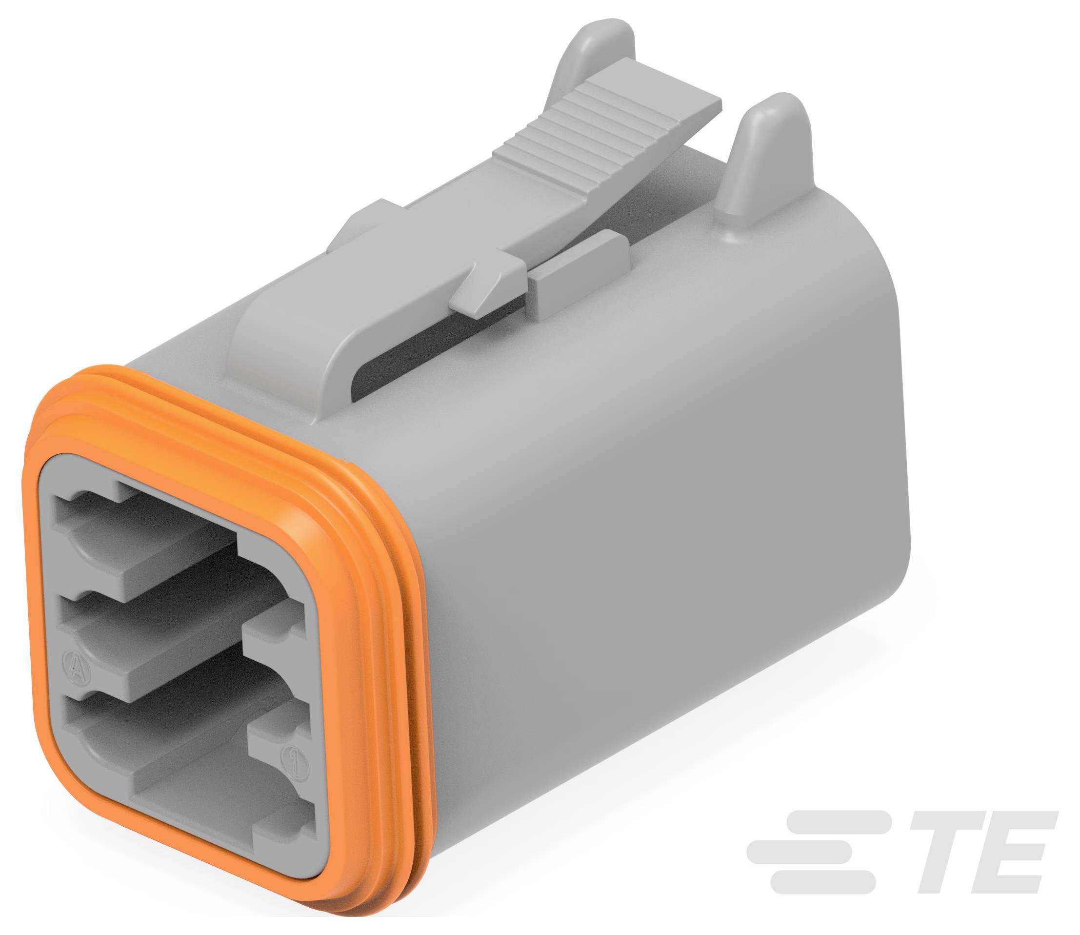 Une image montre un connecteur électrique automobile gris avec un joint d'étanchéité orange, présentant plusieurs emplacements pour l'insertion de câbles ; le logo TE est visible.