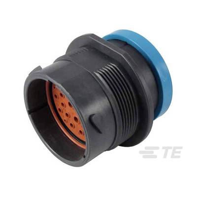Connecteur cylindrique noir en plastique avec plusieurs points de contact et joint d'étanchéité bleu, partiellement présenté de profil.