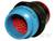 Un connecteur électrique circulaire à code couleur avec des éléments bleus et rouges, utilisé pour des connexions de câblage sécurisées.